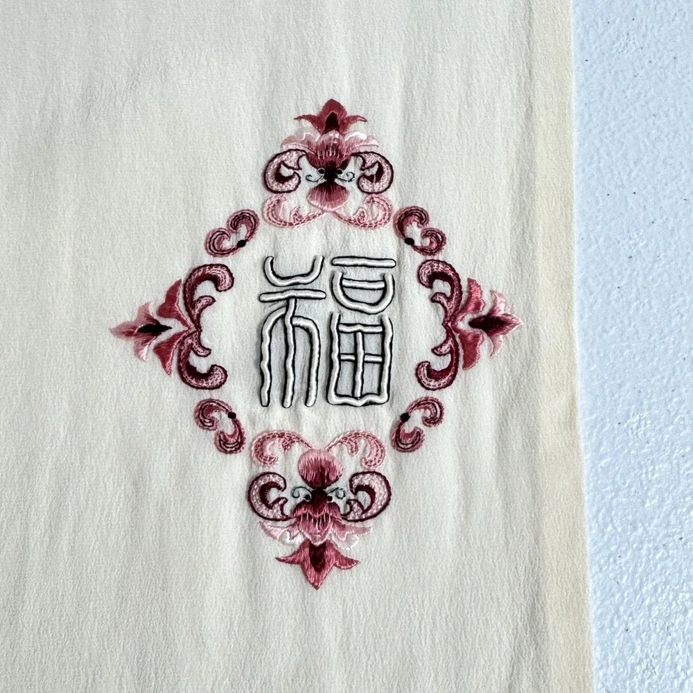 Vintage Embroidered Silk Scarf Fringe Boho Cottagecore Folk Art Cream Minimalist
